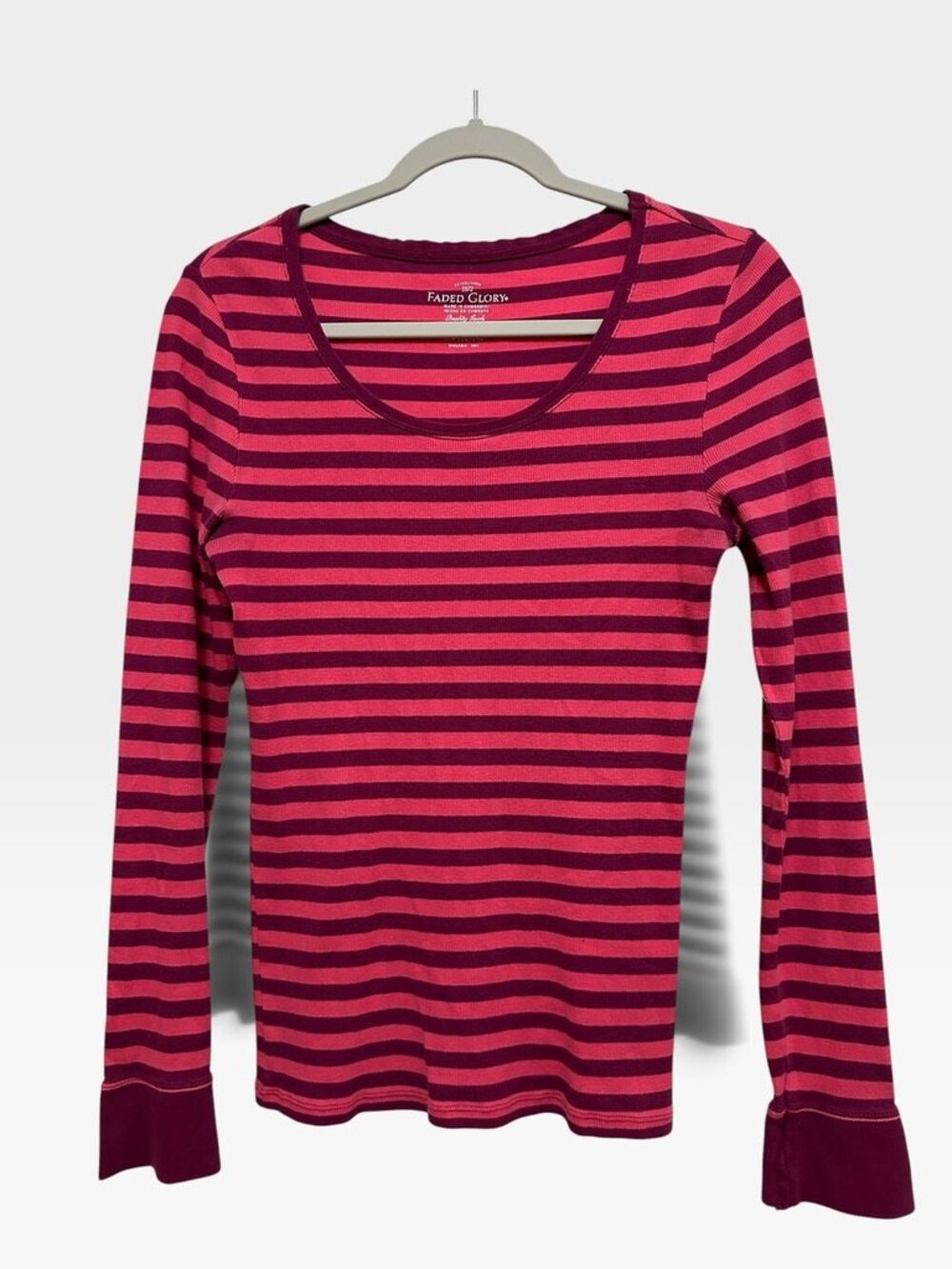 Faded Glory Vintage Pink Purple Striped Rib Knit Long Sleeve Top Size Large